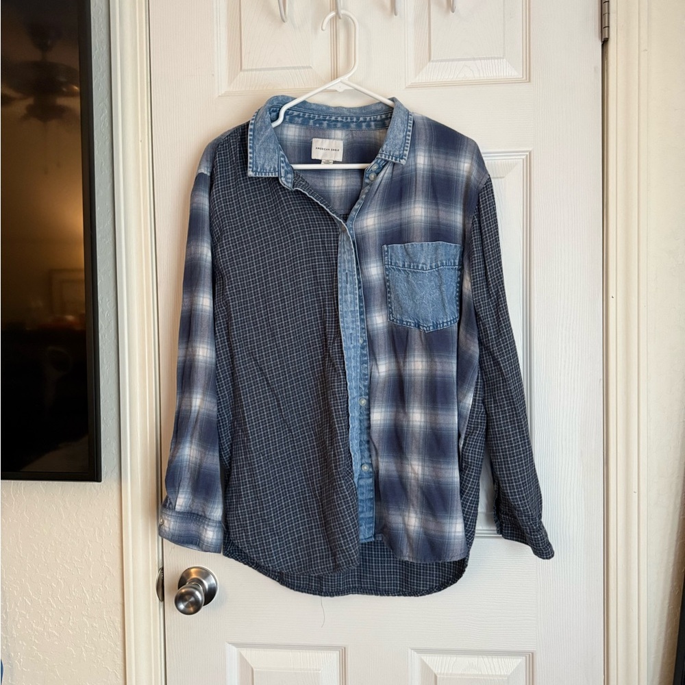 American Eagle Outfitters Blue Casual Button Down Shirt with Unique Split Design